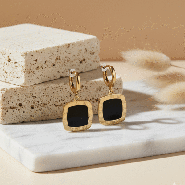 Roman Numeral Black Charm Dangle Hoops