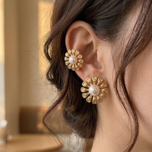 Golden Petals Pearl Stud Earrings