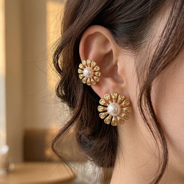 Golden Petals Pearl Stud Earrings
