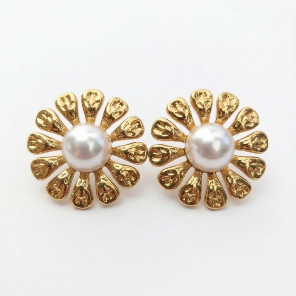 Golden Petals Pearl Stud Earrings