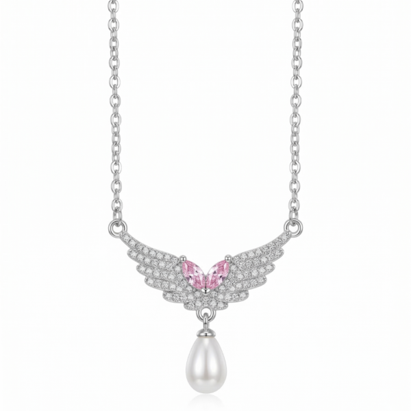 Angel Wing Pink Crystal & Pearl Drop Necklace