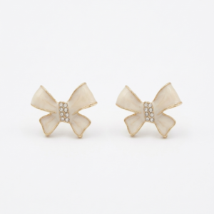 Pearlescent Cream Bow Studs with Crystal Accents