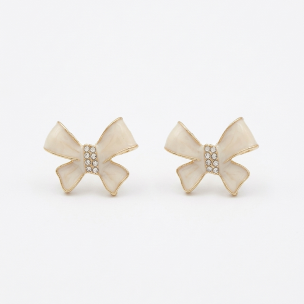 Pearlescent Cream Bow Studs with Crystal Accents