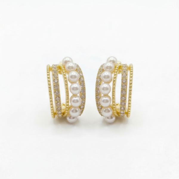 Empress Multi-Layer Pearl and Crystal Gold Hoops