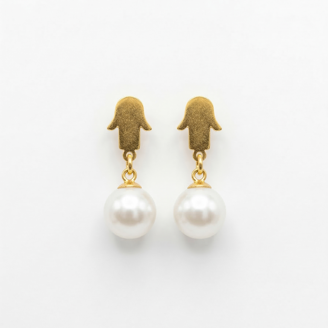 54 Golden Hamsa Pearl Drop Earrings