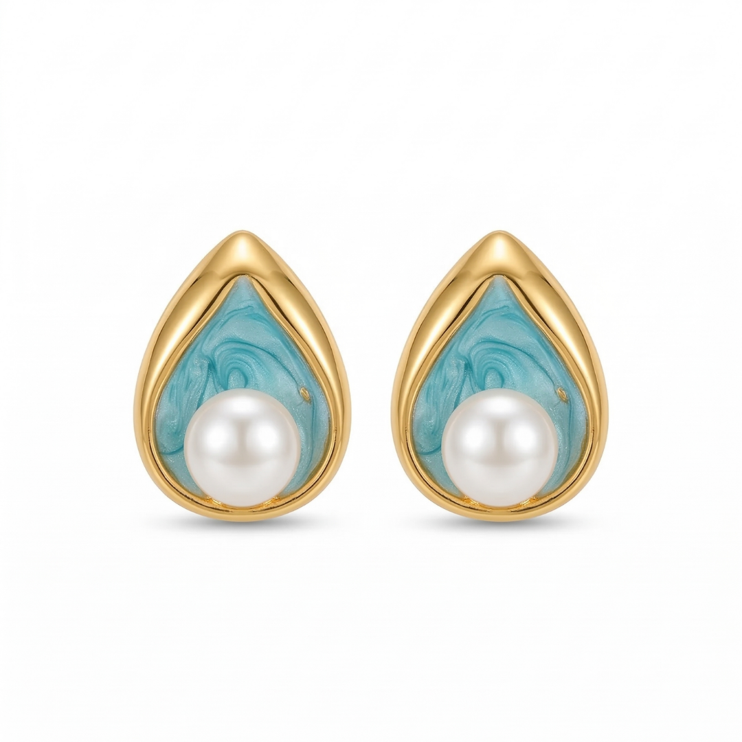 Azure Swirl Enamel & Pearl Teardrop Studs