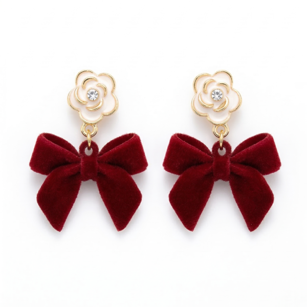 Vintage Camellia & Velvet Bow Drop Earrings