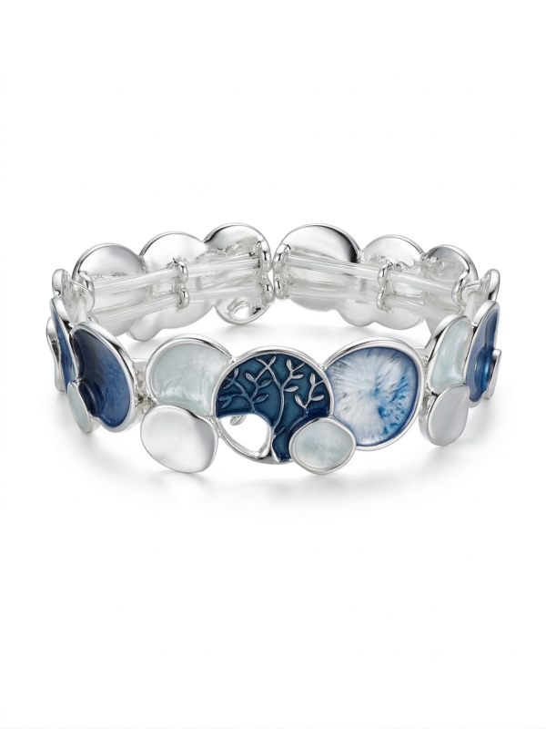 Tree of Life Blue Enamel Silver Stretch Bracelet